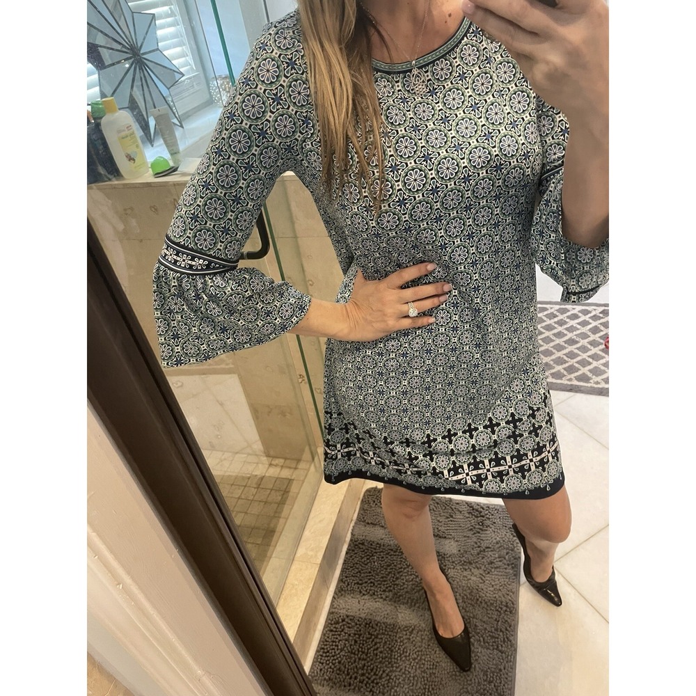 New Max Studio Women's Career Dress Bell 3/4 Sleeves Jersey XS White/ Green Blue